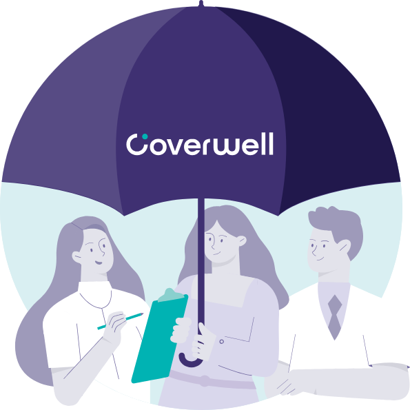 Three people under an umbrella with the word coverwell.